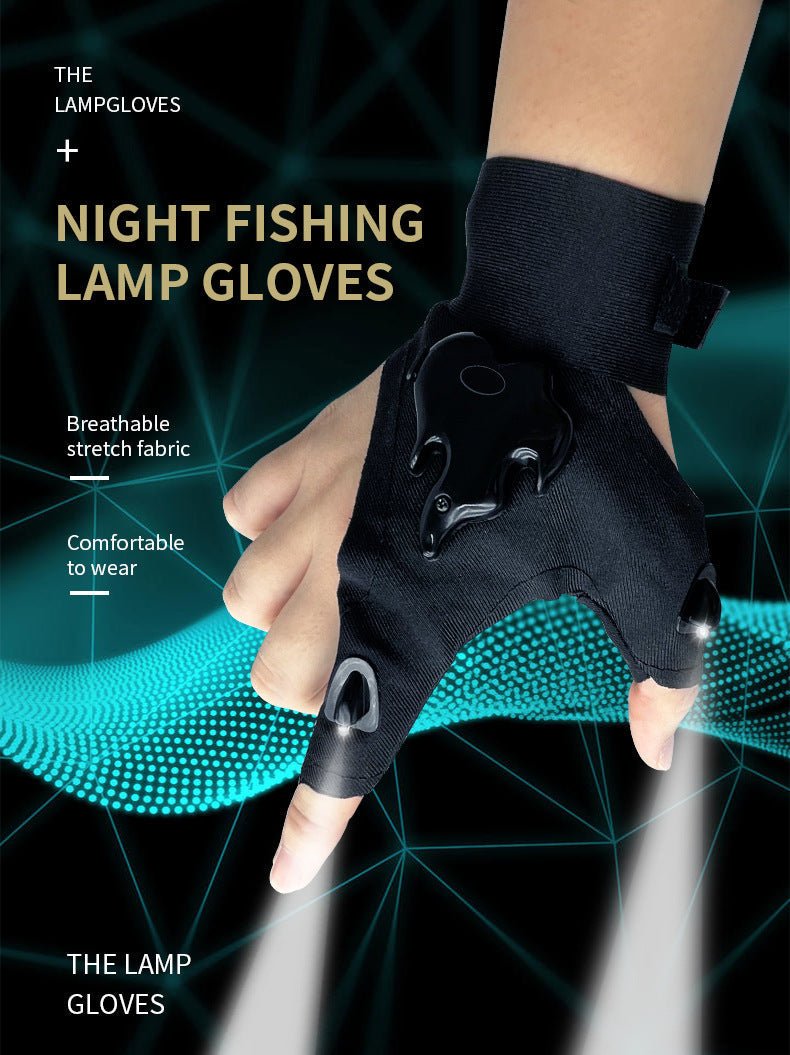 Black outdoor fishing gloves with LED lights, breathable stretch fabric, and non-slip design for night fishing use
