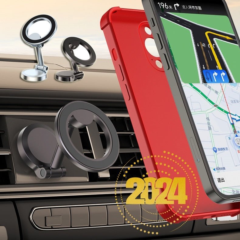 Magnetic car phone mount with all-metal foldable design attached to car dashboard holding a smartphone displaying navigation.