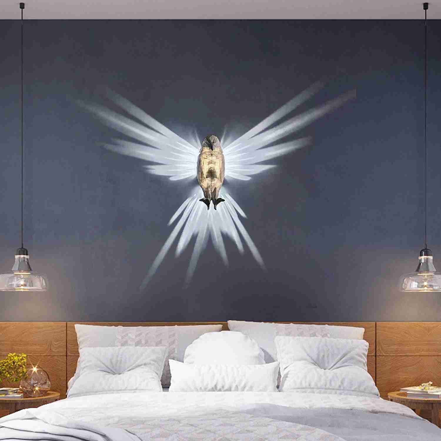 Injection molding owl night light projecting eagle shape on bedroom wall with modern decor