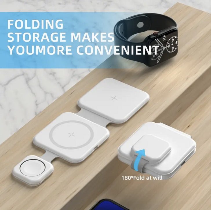 Magnetic Foldable Wireless Charger - 3 in 1 charging station for iPhone, AirPods, and Apple Watch with fast 15W charging and compact foldable design.