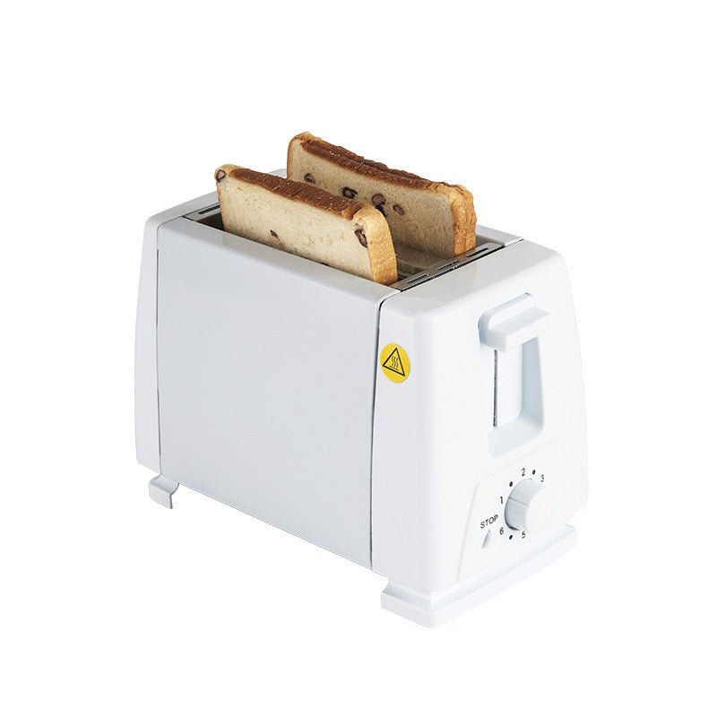 Toaster Home Breakfast Bread Maker in black with two slices of bread, featuring adjustable browning dial and semi-automatic function on kitchen counter.