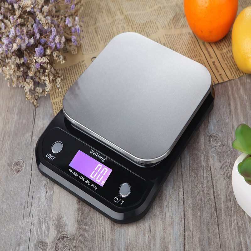 Kitchen precision electronic scale WH-B23 with 10KG capacity and digital LCD display, ideal for accurate food measurements in home kitchens.