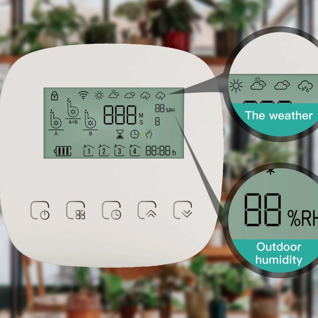Graffiti Smart Home rechargeable WiFi sprinkler timer with LCD display showing weather and humidity icons
