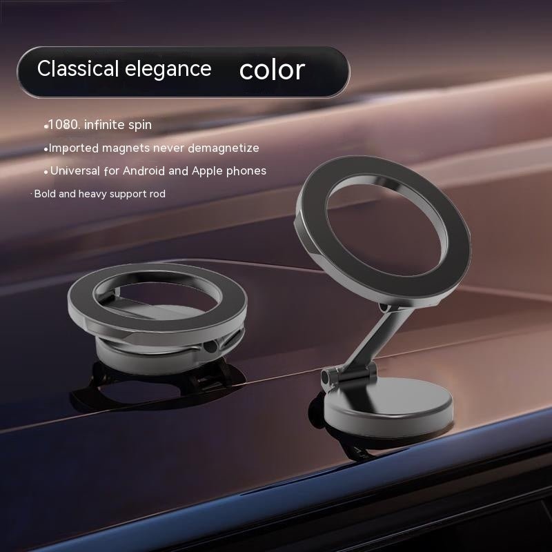 Magnetic car phone mount with all-metal foldable design shown attached to car air vent, holding a smartphone with GPS navigation screen.