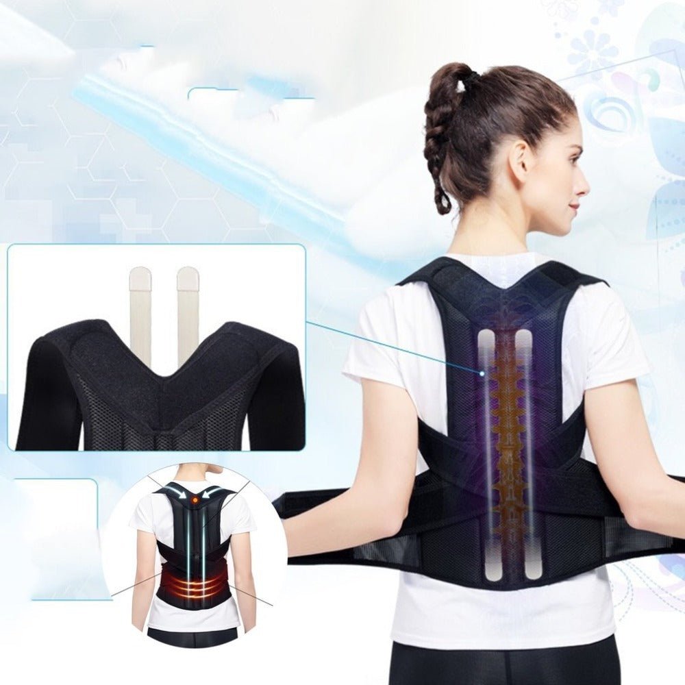 Spine Bending Posture Corrector with nano-carbon titanium keel and dual cartilage support shown on model's back. Features breathable fabric and ergonomic design.