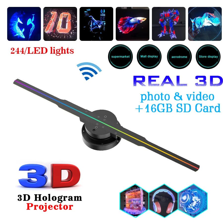 Led Luminous Sign Light Holographic Projector Diy Fan Screen Video with 244 LED lights and 16GB SD card for 3D photo and video display.