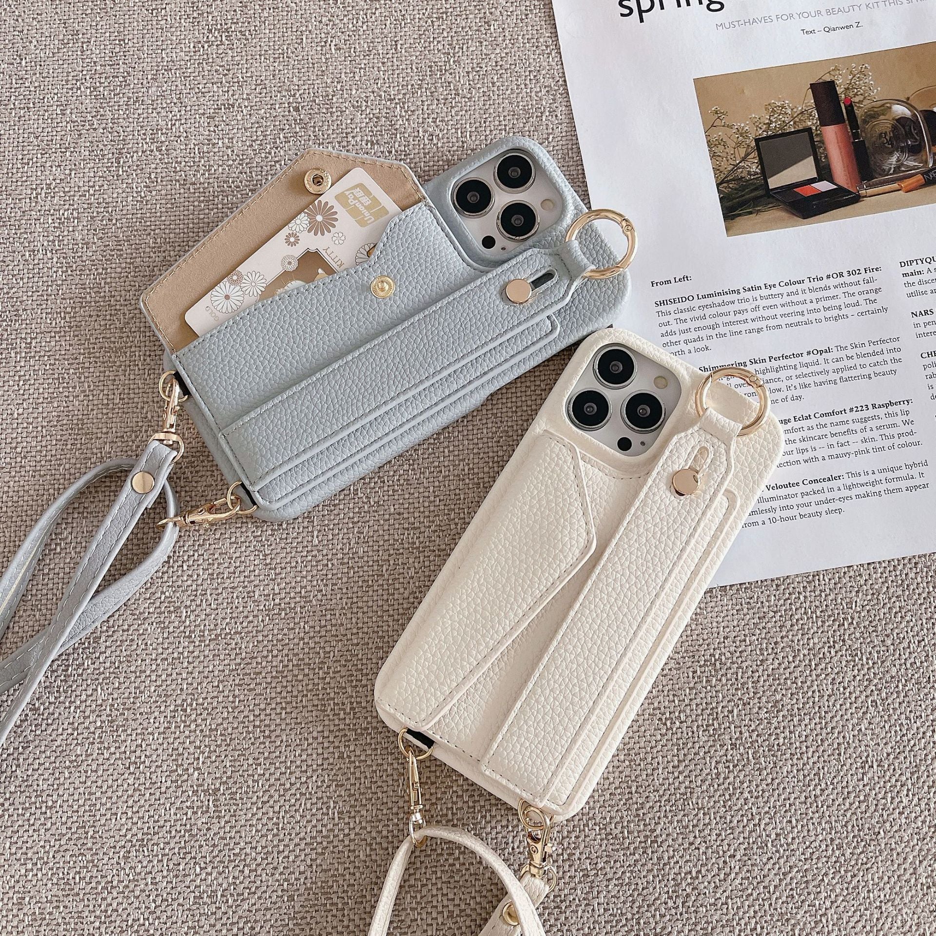 Fashion Simple Back Strap Phone Case Protector for iPhone in camel and light purple leather with crossbody strap and card slot design.