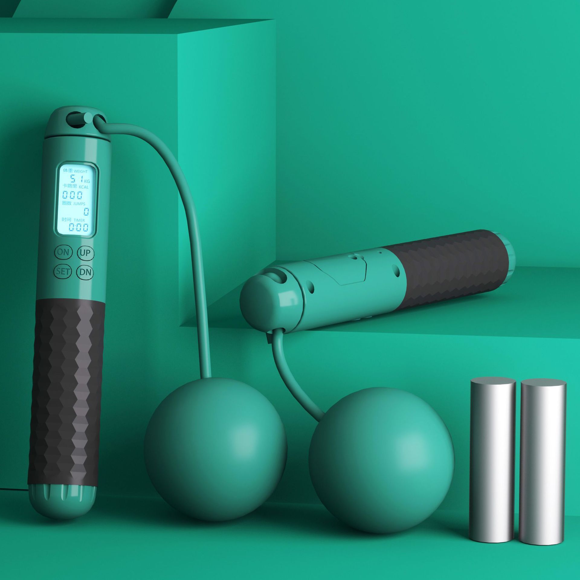 Fitness Exercise Weight Carrying Cordless Counting Jumping Rope with digital LCD display, weighted handles, and detachable cordless balls for indoor workouts.