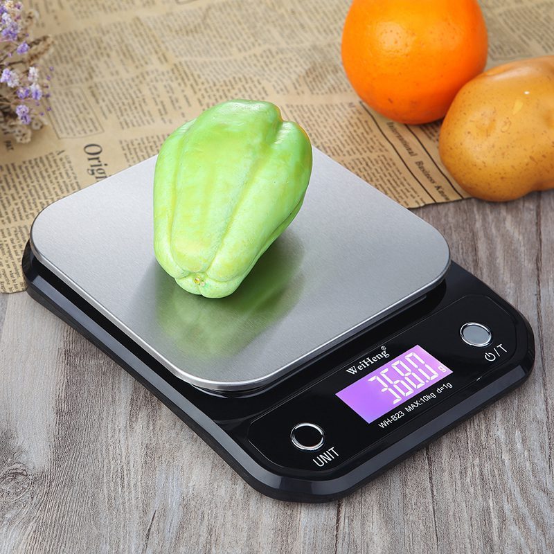 Kitchen precision electronic scale WH-B23 with 10KG capacity and digital LCD display, ideal for accurate food measurements in home kitchens.