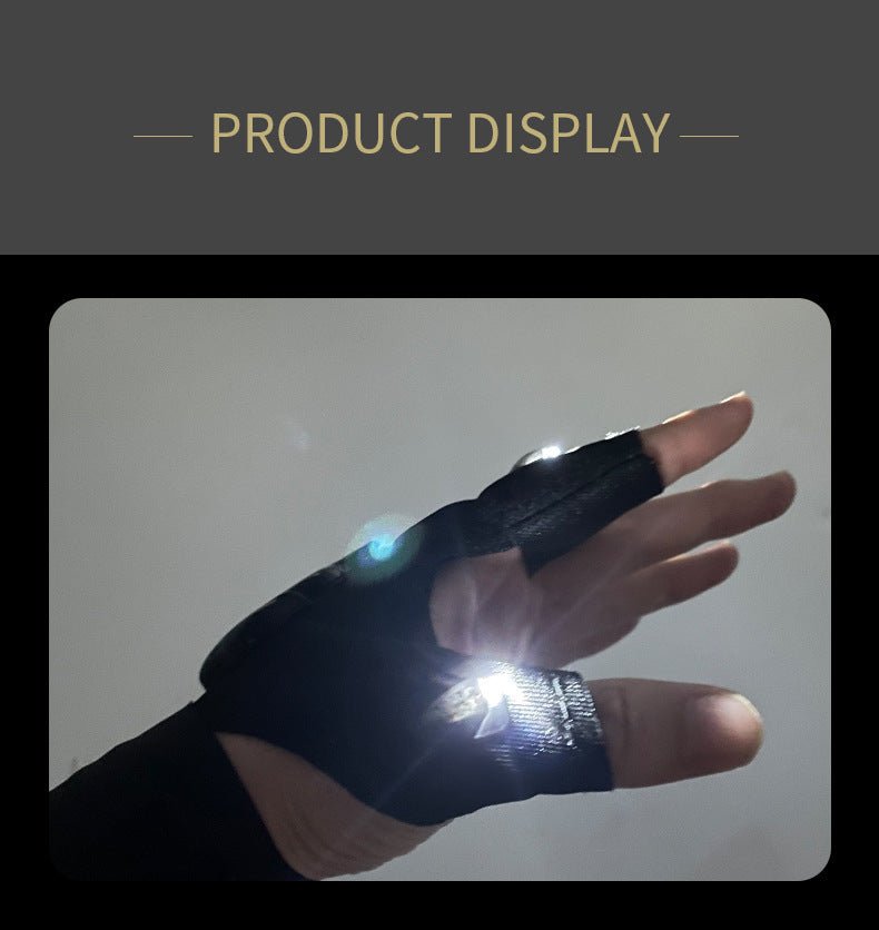 Led Light Charging Fishing Gloves High Elastic Non-slip with built-in LED lights on thumb and forefinger, ideal for night fishing and outdoor use. Made from breathable stretch fabric for comfort and waterproof performance.