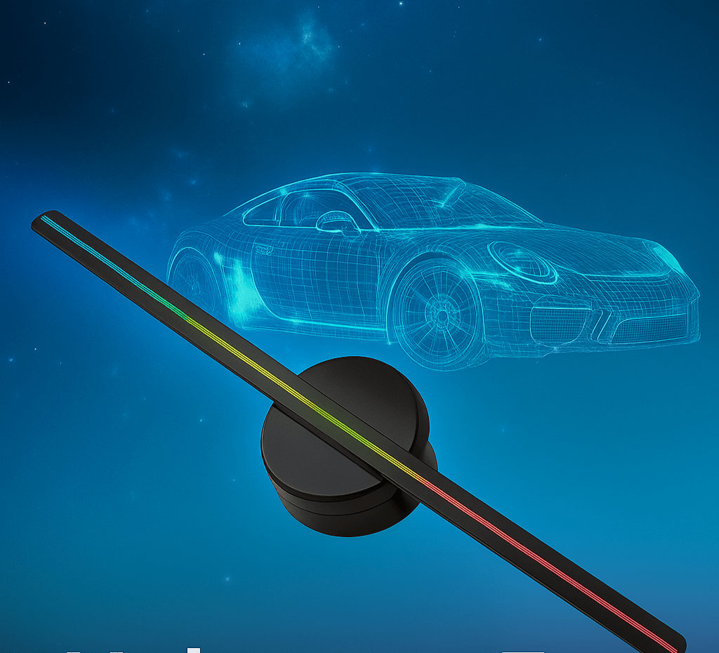 Aevion™ 3D Hologram Fan projecting a floating 3D holographic car display with vibrant colors against a dark blue background.
