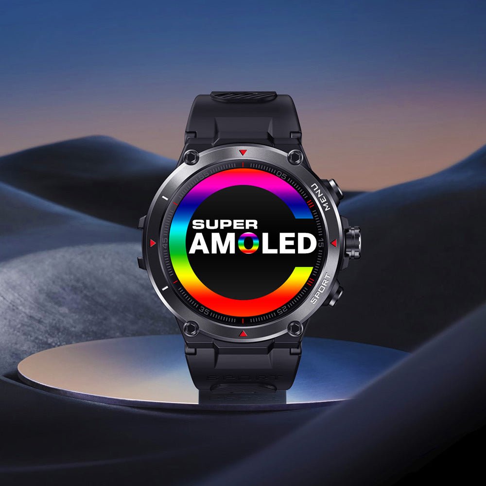 Zeblaze Stratos 2 1.3 Sports Tracking Smartwatch in teal, black, and gray color options displayed on podiums. Features include step counting and health monitoring.