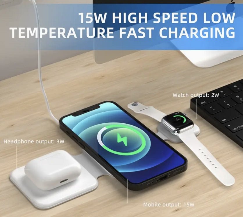 Magnetic Foldable Wireless Charger - 3 in 1 charging station for iPhone, AirPods, and Apple Watch with fast 15W charging and compact foldable design.