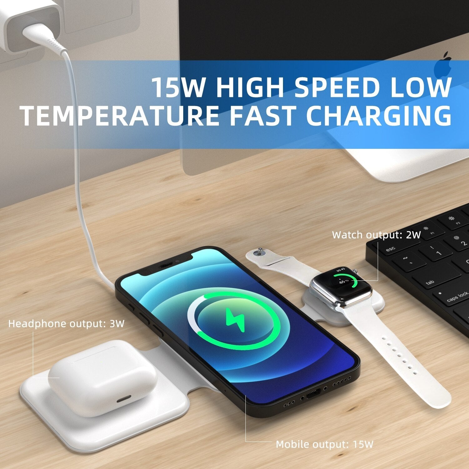Magnetic Foldable Wireless Charger - 3 in 1 charging station for iPhone, AirPods, and Apple Watch with fast 15W charging and compact foldable design.