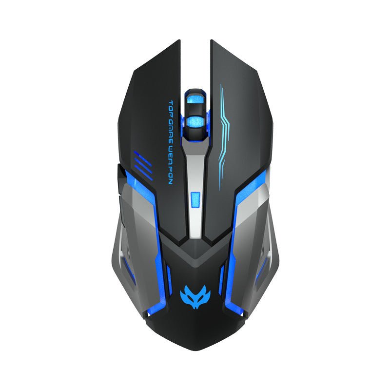 Wireless Charging Silent Gaming Mouse Machinery Mouse with blue LED lights, ergonomic design, and USB receiver on a laptop keyboard.