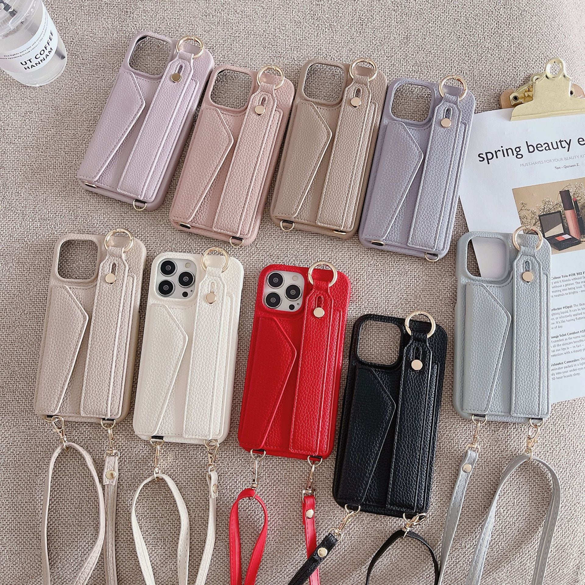 Fashion Simple Back Strap Phone Case Protector for iPhone in camel and light purple leather with crossbody strap and card slot design.
