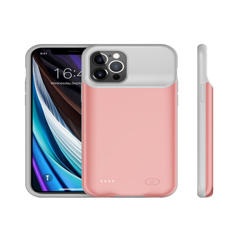 Shockproof Silicone Battery Charger Case for iPhone in black, white, and navy colors with LED indicators and power button, durable charging case.