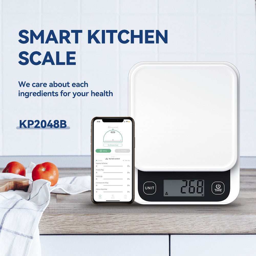 Smart Kitchen Scale KP2048B with digital display and nutrition calculator app on smartphone for precise food weighing and calorie tracking
