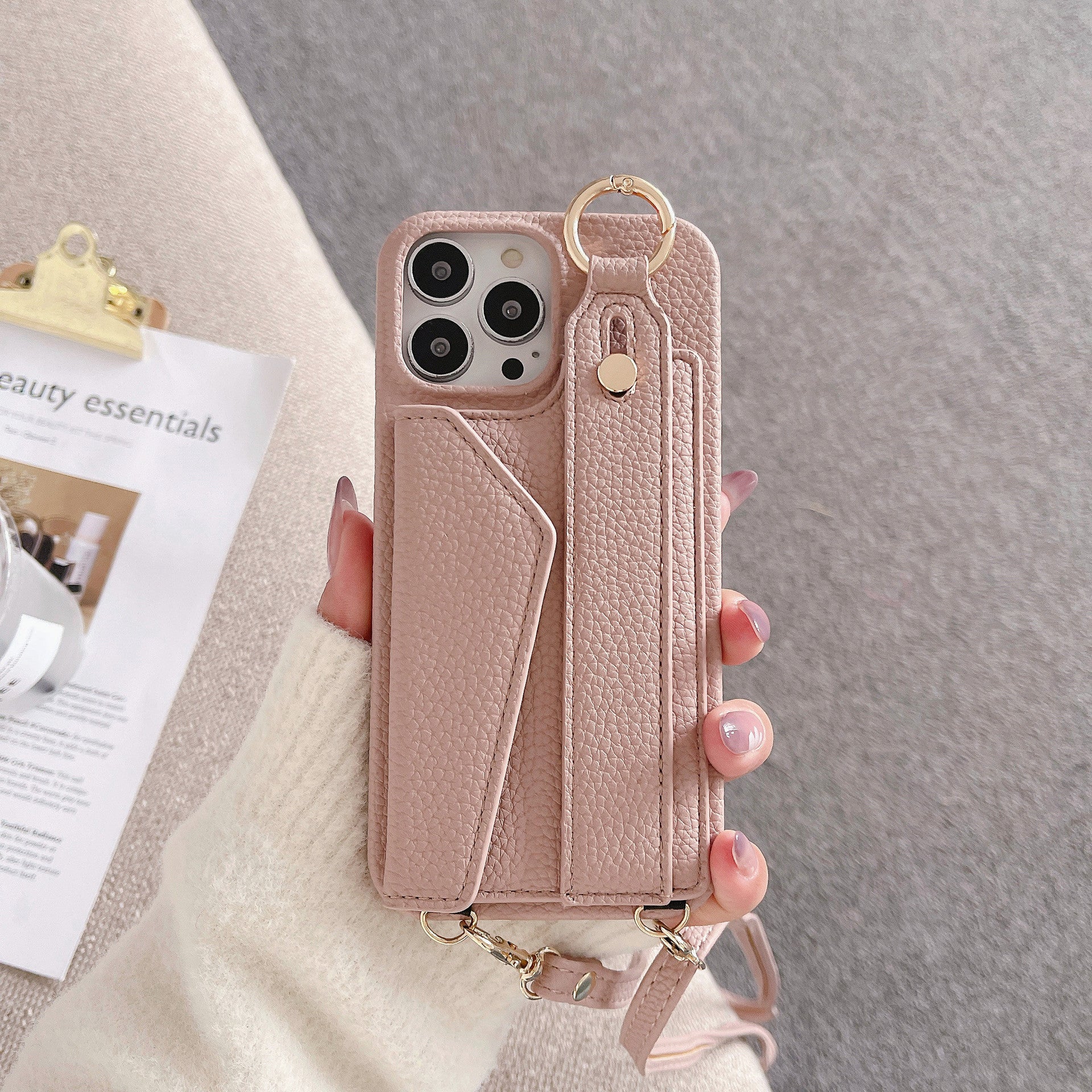 Fashion Simple Back Strap Phone Case Protector for iPhone in camel and light purple leather with crossbody strap and card slot design.