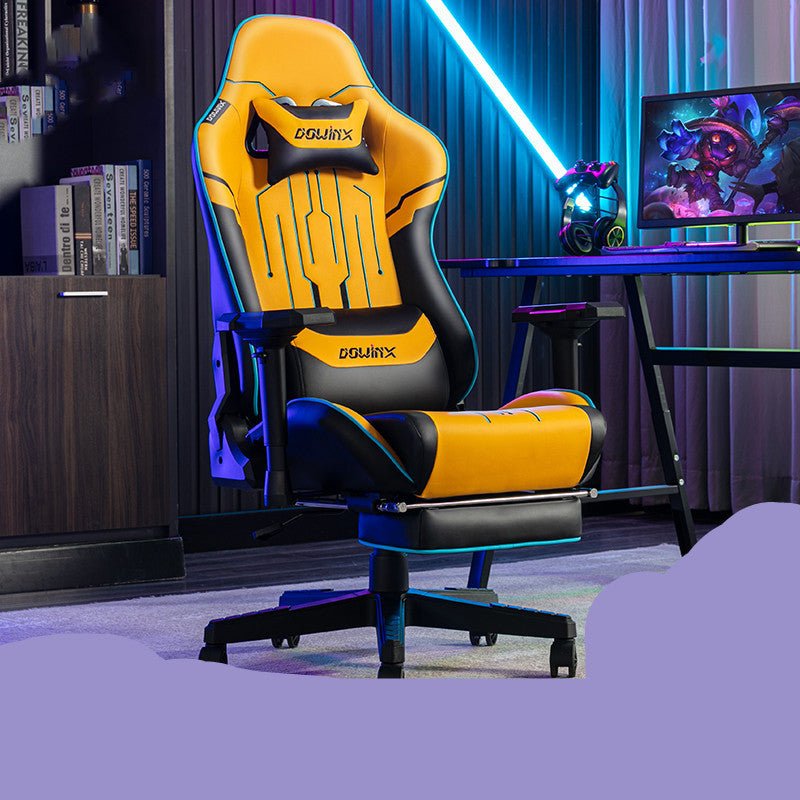 Ergonomic men's yellow and black gaming chair with 4D adjustable armrests and leather upholstery in a modern gaming room