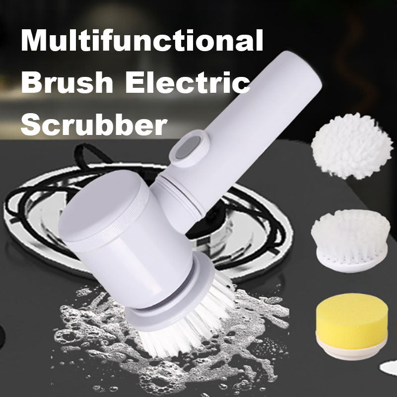 Multifunctional electric scrubber brush with rechargeable battery and replaceable brush heads for kitchen cleaning.