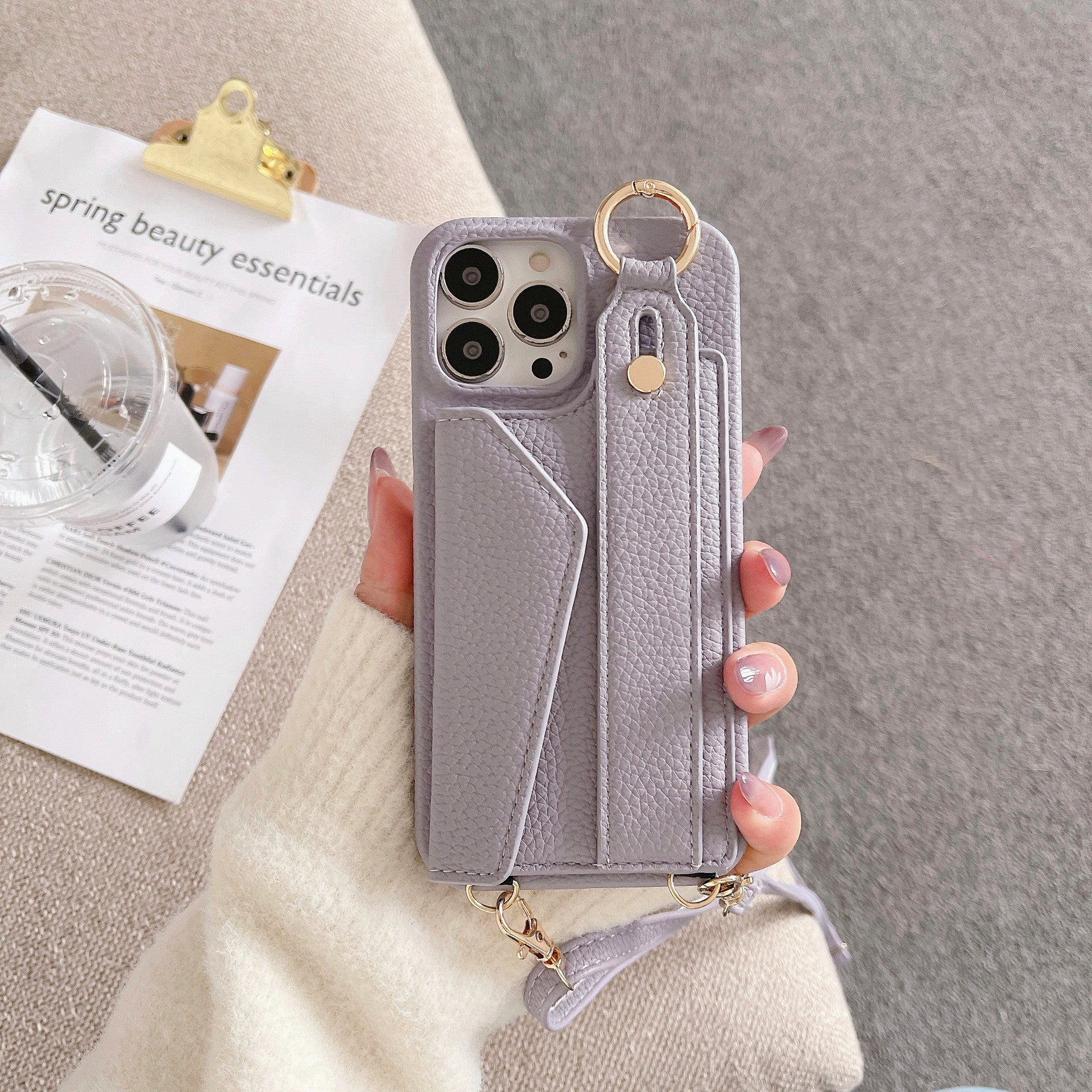 Fashion Simple Back Strap Phone Case Protector for iPhone in camel and light purple leather with crossbody strap and card slot design.