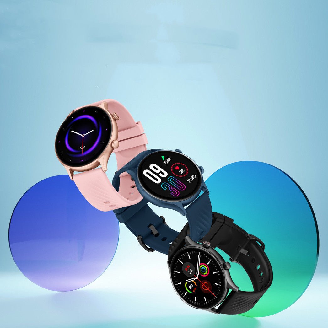 Three Bluetooth Fitness Mode smartwatches in black, blue, and pink with round touchscreens showing fitness and time displays.