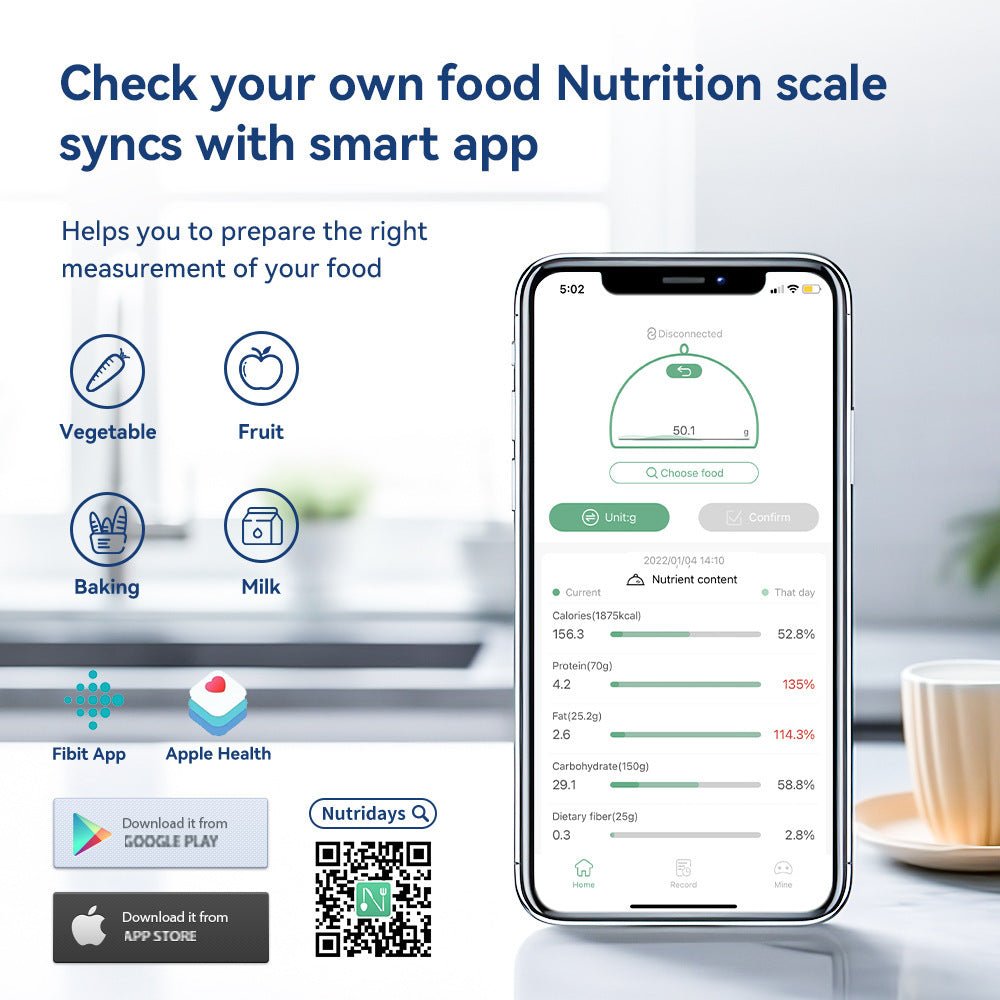 Smart Kitchen Scales Nutrition Scale with digital LCD display and mobile app for calorie tracking, ideal for cooking and baking precision.