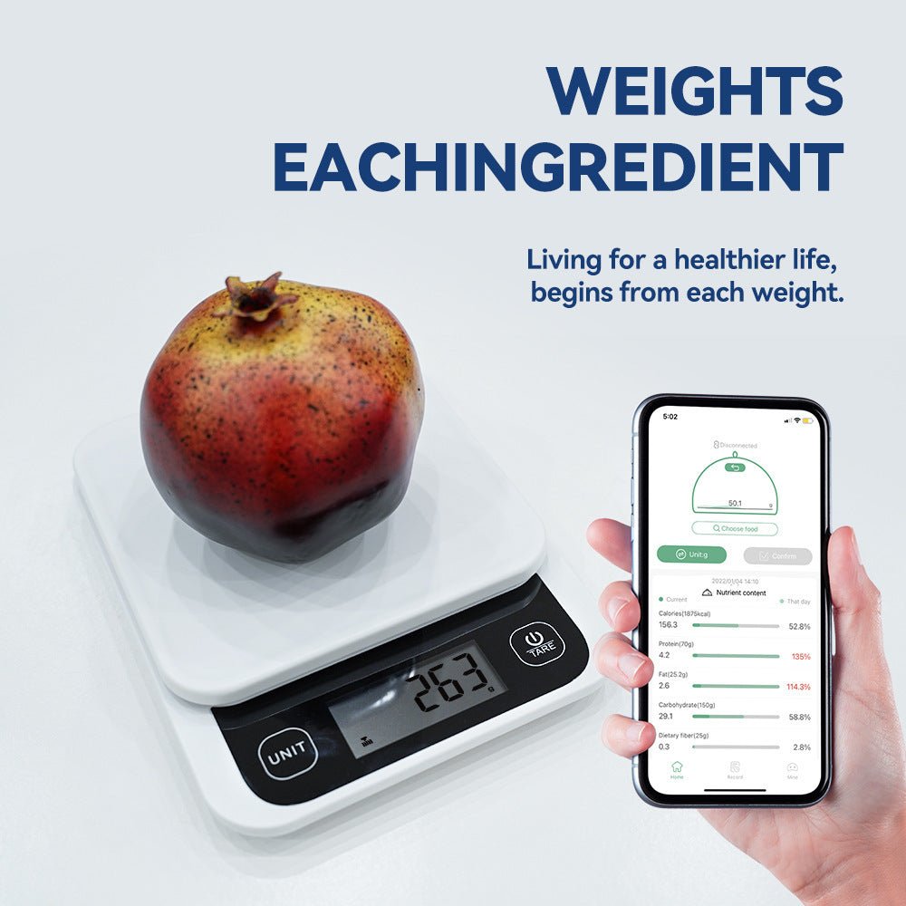 Smart Kitchen Scales Nutrition Scale with digital LCD display and mobile app for calorie tracking, ideal for cooking and baking precision.