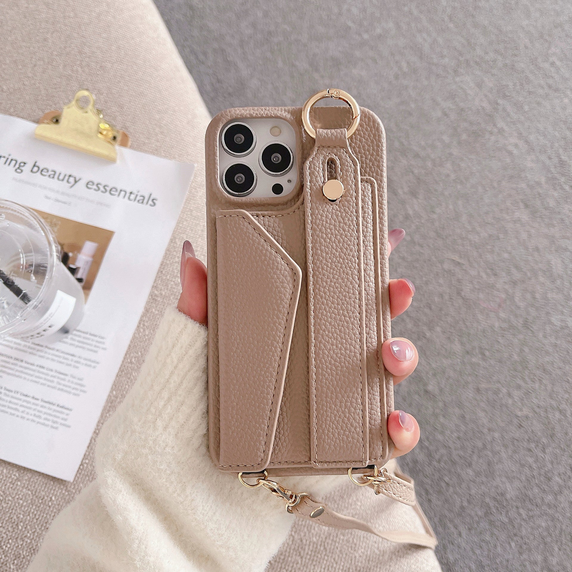 Fashion Simple Back Strap Phone Case Protector for iPhone in camel and light purple leather with crossbody strap and card slot design.