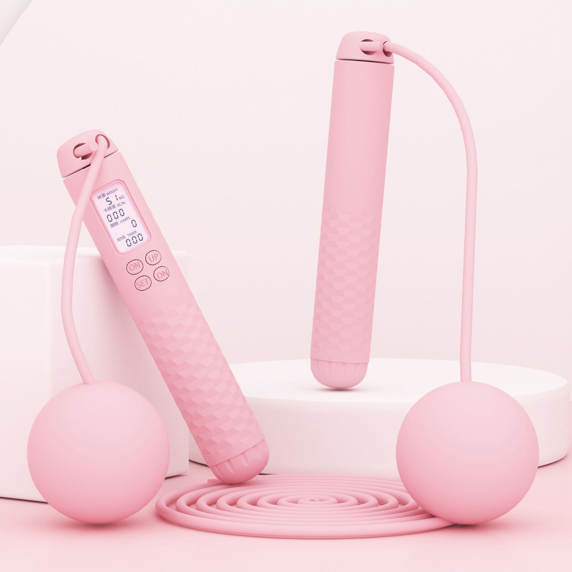 Fitness Exercise Weight Carrying Cordless Counting Jumping Rope with digital LCD display, weighted handles, and detachable cordless balls for indoor workouts.