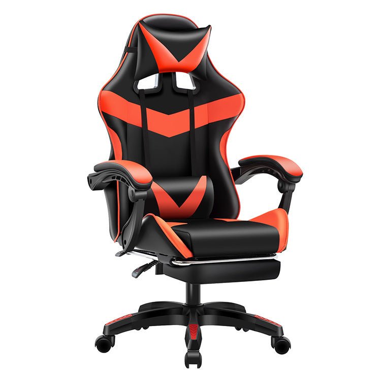 Gaming Chair Home Fashion Reclining Lift Office in black with red accents, featuring ergonomic design, footrest, and alloy frame for office or gaming setup.