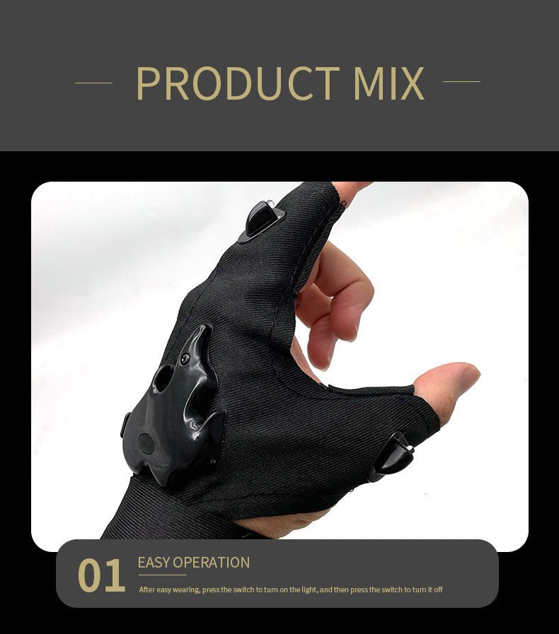 Led Light Charging Fishing Gloves High Elastic Non-slip with built-in LED lights on thumb and forefinger, ideal for night fishing and outdoor use. Made from breathable stretch fabric for comfort and waterproof performance.