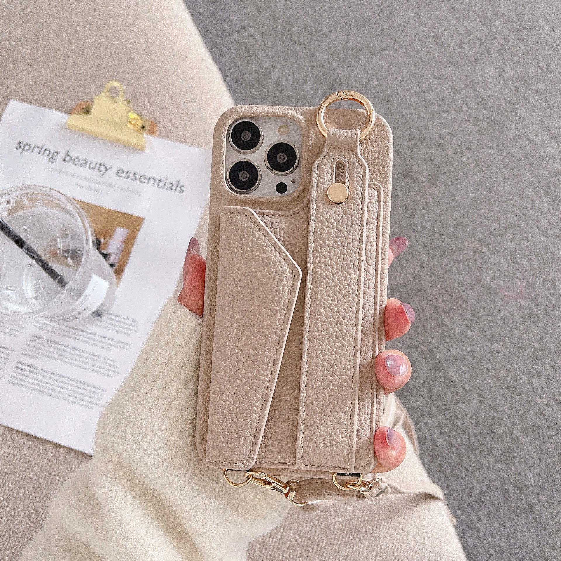Fashion Simple Back Strap Phone Case Protector for iPhone in camel and light purple leather with crossbody strap and card slot design.