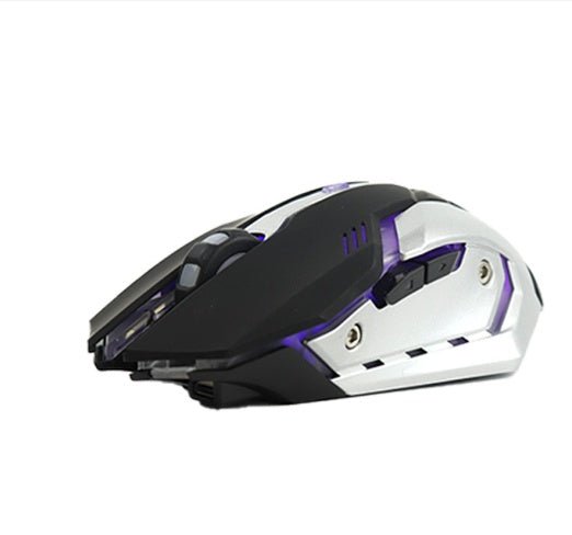Wireless Charging Silent Gaming Mouse Machinery Mouse with blue LED lights, ergonomic design, and USB receiver on a laptop keyboard.