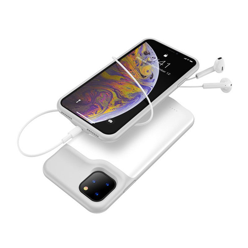 Shockproof Silicone Battery Charger Case for iPhone in black, white, and navy colors with LED indicators and power button, durable charging case.