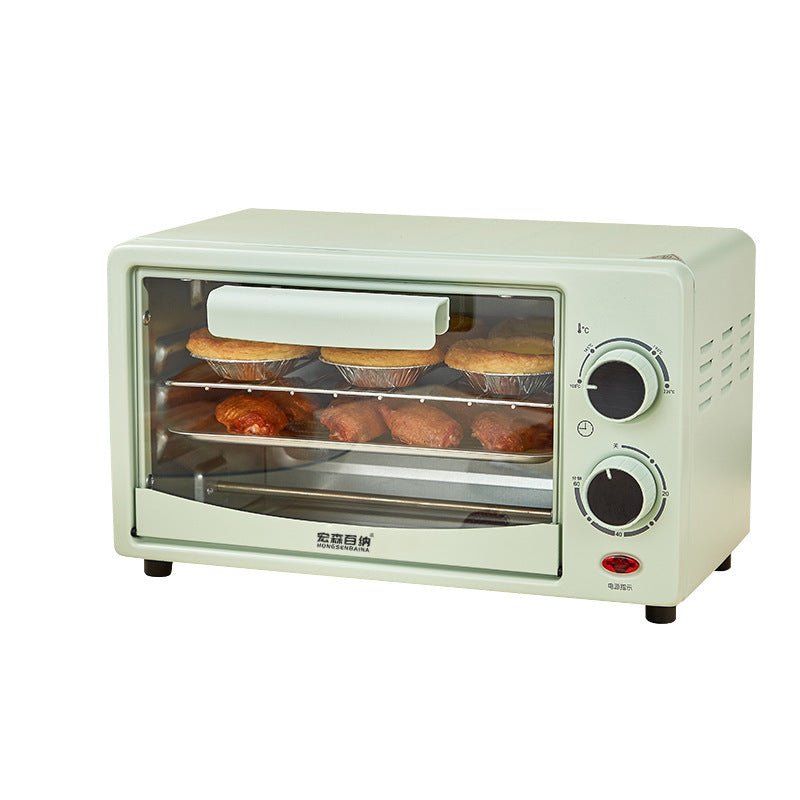Close-up of Automatic Timing Steaming And Baking All-in-one Machine Toaster Oven in apple green with muffins baking on dual racks.