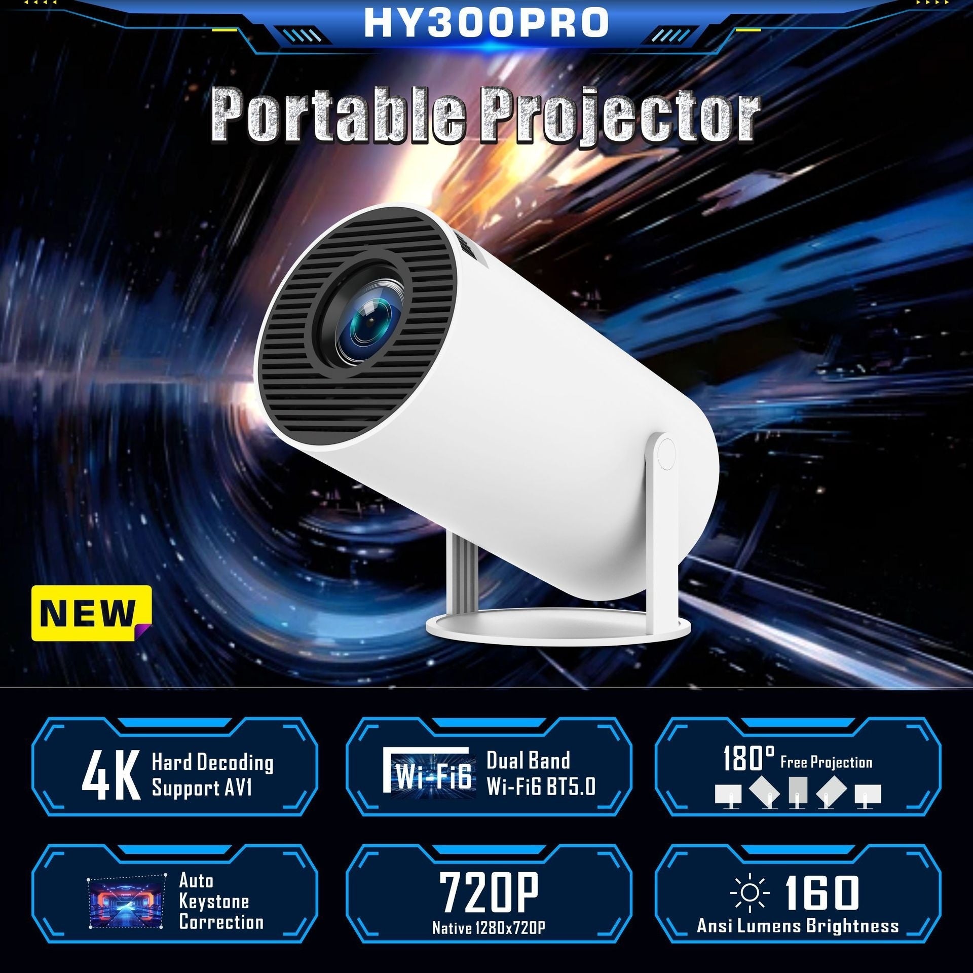 HY300 Pro Projector portable home theater with 4K support, Wi-Fi 6, 720P resolution, and 160 ANSI lumens brightness