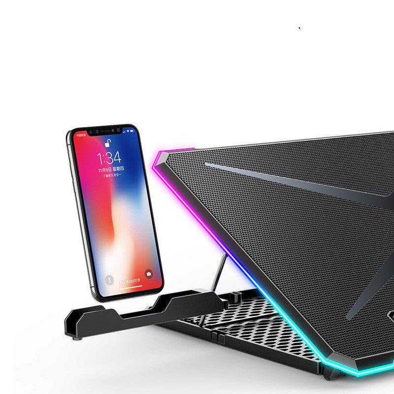 Laptop Cooling Pad Laptop Stand Fan with 6 blue LED fans, RGB lighting, and digital display, made of metal mesh and plastic in Obsidian Black.