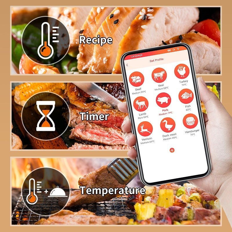 Wireless Kitchen Oven Thermometer with black dual-probe design, Bluetooth connectivity, and smartphone app for precise cooking control.