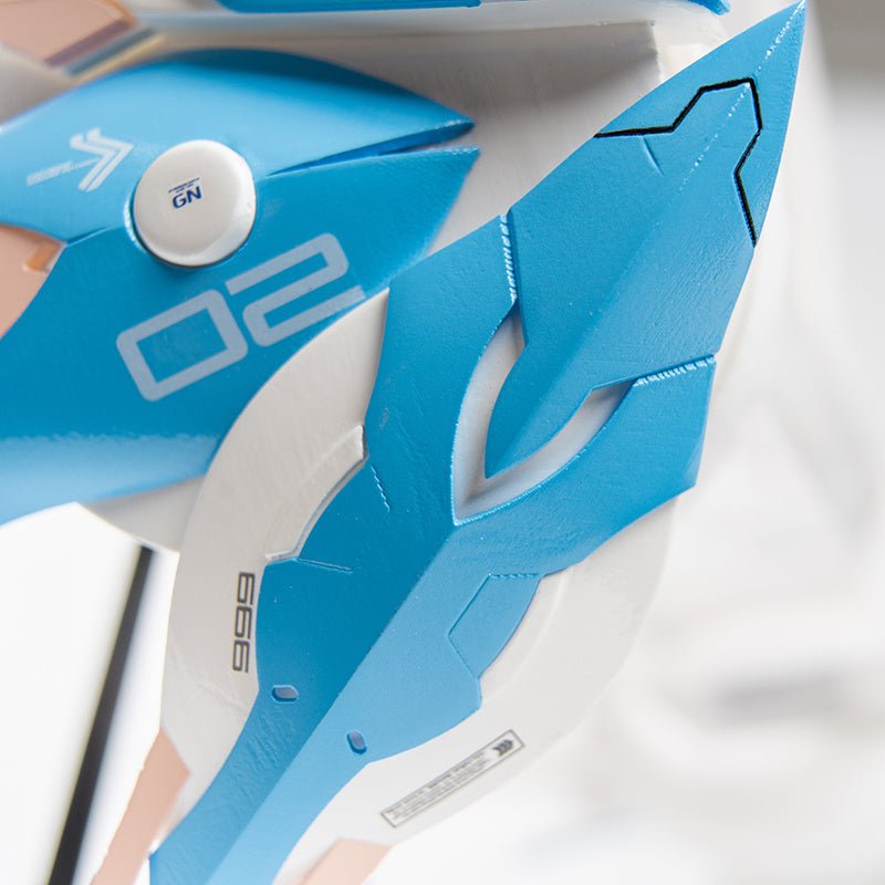 Butterfly Tech Mecha Wireless Bluetooth Headset in cyberpunk style with blue and peach winged ear covers, displayed on a wig mannequin stand.